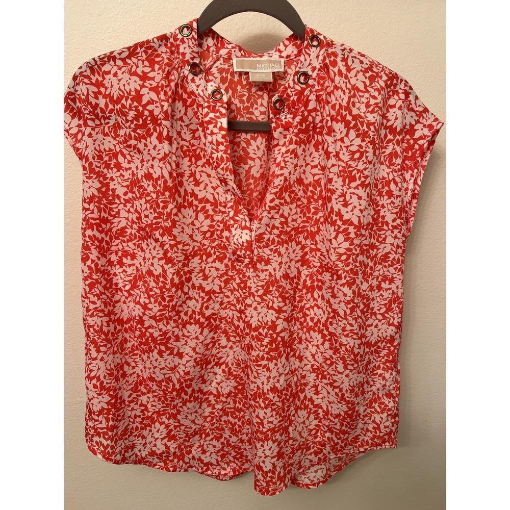 Michael Kors Top Womens Petite Small Coral Pink Floral Print Cap Sleeve V Neck‎